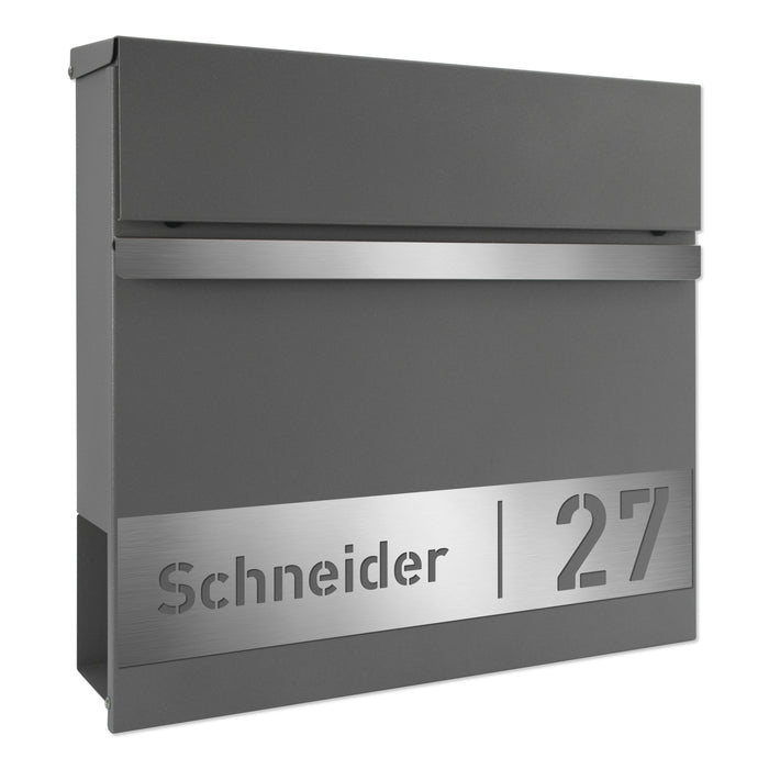Briefkasten B3, div. Farben, personalisiert mit Edelstahl-Schild-AlbersDesign-Graualuminium_RAL9007-ohne Absenkautomatik (Dämpfer)-GÜRTLER.shop