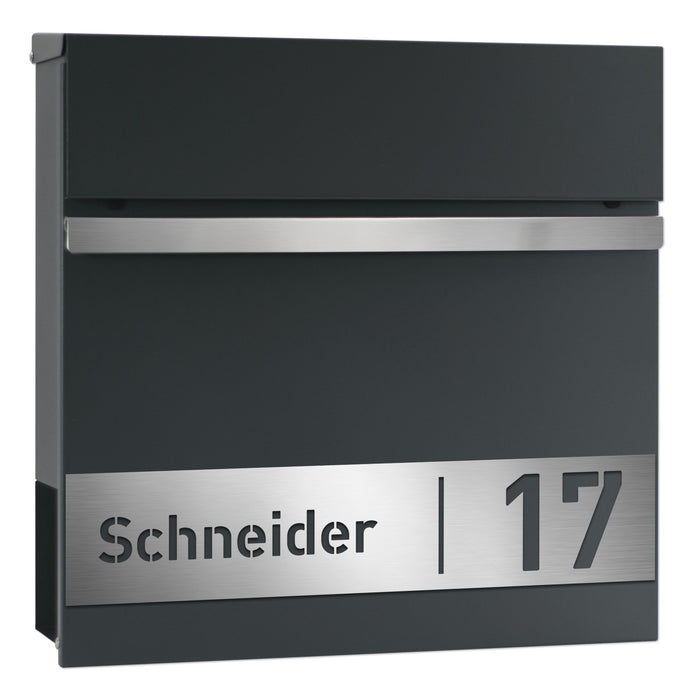 Briefkasten B3, div. Farben, personalisiert mit Edelstahl-Schild-AlbersDesign-Anthrazit_RAL7016-ohne Absenkautomatik (Dämpfer)-GÜRTLER.shop