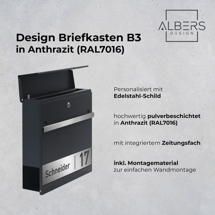 Briefkasten B3 personalisiert mit Edelstahl-Schild