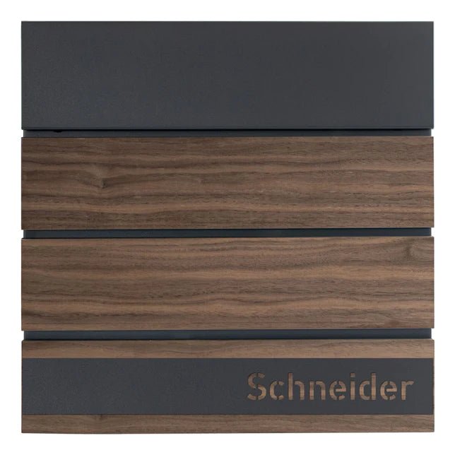 Briefkasten B53 (in Anthrazit 7016) mit Nussbaum-Massivholzelementen - personalisiert - GÜRTLER.shop
