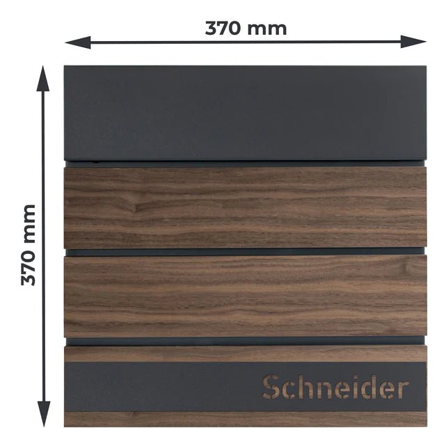 Briefkasten B53 (in Anthrazit 7016) mit Nussbaum-Massivholzelementen - personalisiert - GÜRTLER.shop