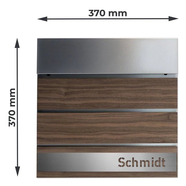 Briefkasten B54 (in Edelstahl matt) mit Nussbaum-Massivholzelementen - personalisiert - GÜRTLER.shop