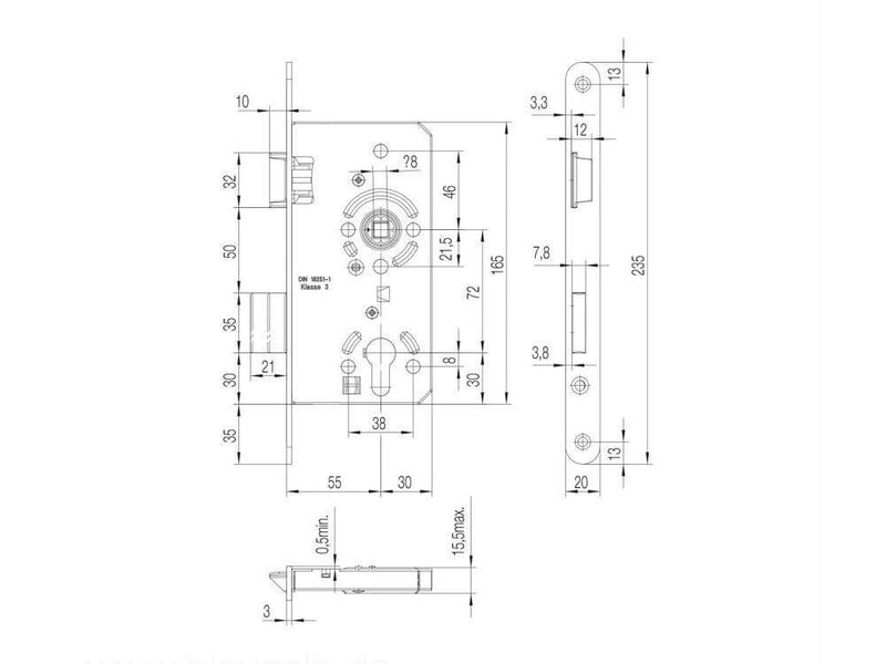 Zimmertür-Einsteckschloss PZ/W 55/72/8 DIN Rechts mit 20mm Edelstahl-Stulp  rund