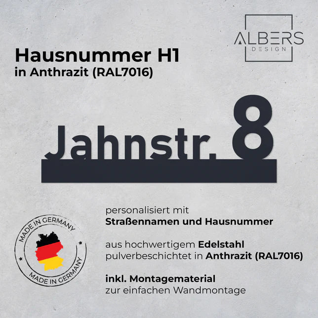 Hausnummer H1 aus Edelstahl, pulverbeschichtet, mit Straßennamen - GÜRTLER.shop
