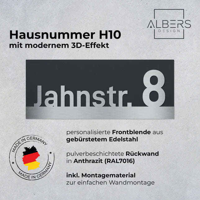 Hausnummer H10 aus Edelstahl, 3D-Effekt, pulverbeschichtet, mit Straßennamen - GÜRTLER.shop