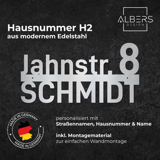 Hausnummer H2 aus Edelstahl, pulverbeschichtet, mit Straßennamen - GÜRTLER.shop