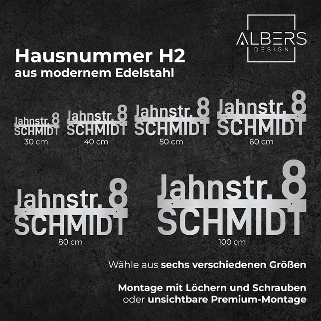 Hausnummer H2 aus Edelstahl, pulverbeschichtet, mit Straßennamen - GÜRTLER.shop