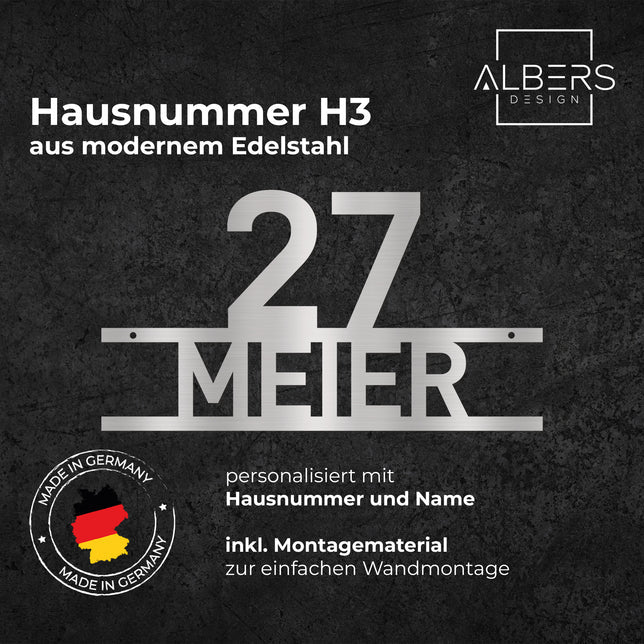 Hausnummer H3 aus Edelstahl, mit Name oder Straßennamen - GÜRTLER.shop