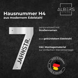 Hausnummer H4 in Edelstahl, personalisiert mit Straßennamen - GÜRTLER.shop