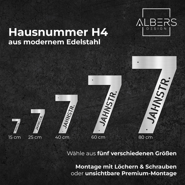 Hausnummer H4 in Edelstahl, personalisiert mit Straßennamen - GÜRTLER.shop