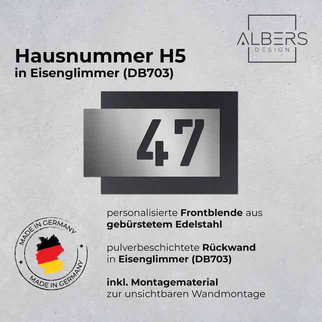 Hausnummer H5 aus Edelstahl, 3D-Effekt, pulverbeschichtet - GÜRTLER.shop