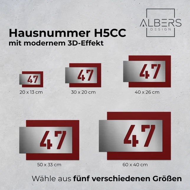 Hausnummer H5CC aus Edelstahl, 3D-Effekt, pulverbeschichtet in Wunschfarbe - GÜRTLER.shop