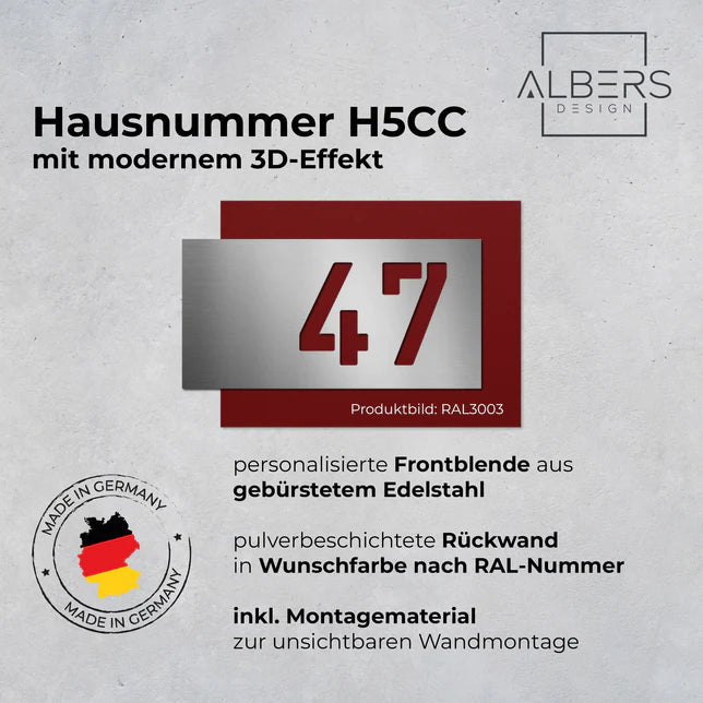 Hausnummer H5CC aus Edelstahl, 3D-Effekt, pulverbeschichtet in Wunschfarbe - GÜRTLER.shop