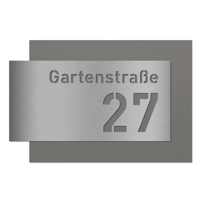 Hausnummer H6 aus Edelstahl, 3D-Effekt, pulverbeschichtet, mit Straßennamen - GÜRTLER.shop