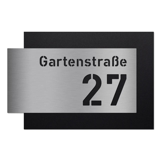Hausnummer H6 aus Edelstahl, 3D-Effekt, pulverbeschichtet, mit Straßennamen - GÜRTLER.shop