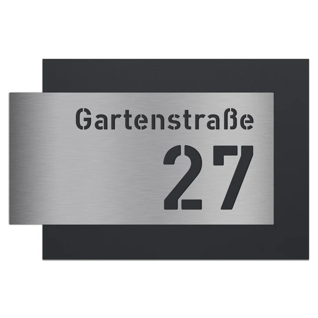 Hausnummer H6 aus Edelstahl, 3D-Effekt, pulverbeschichtet, mit Straßennamen - GÜRTLER.shop