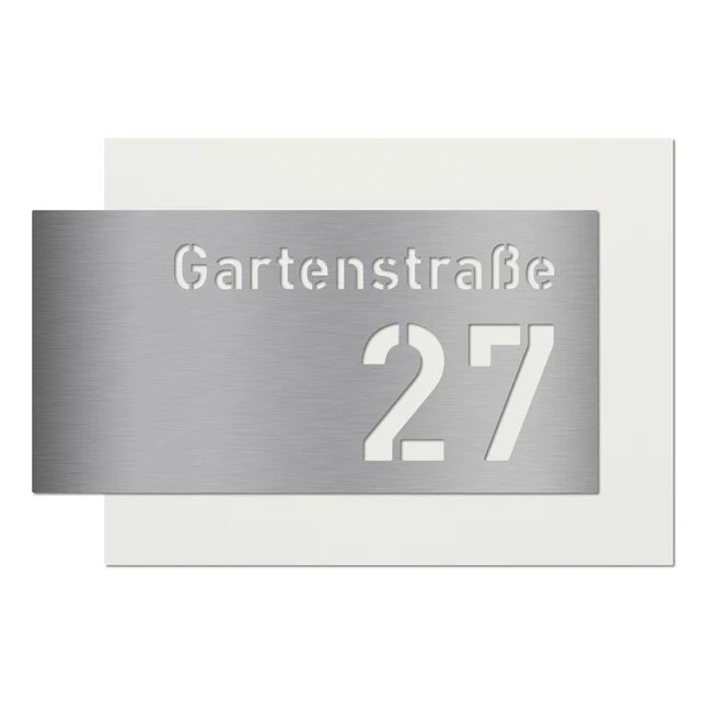 Hausnummer H6 aus Edelstahl, 3D-Effekt, pulverbeschichtet, mit Straßennamen - GÜRTLER.shop