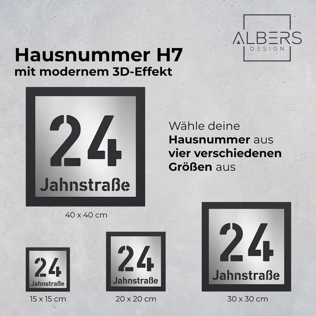 Hausnummer H7 aus Edelstahl, 3D-Effekt, pulverbeschichtet, mit Straßennamen - GÜRTLER.shop