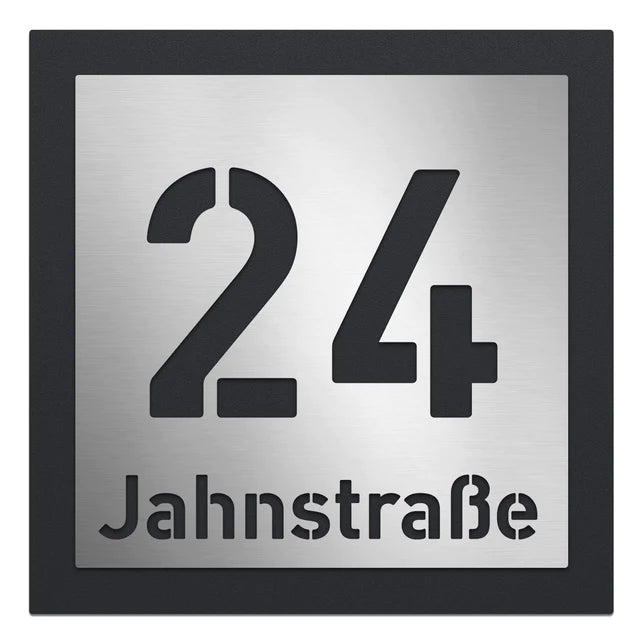 Hausnummer H7 aus Edelstahl, 3D-Effekt, pulverbeschichtet, mit Straßennamen - GÜRTLER.shop