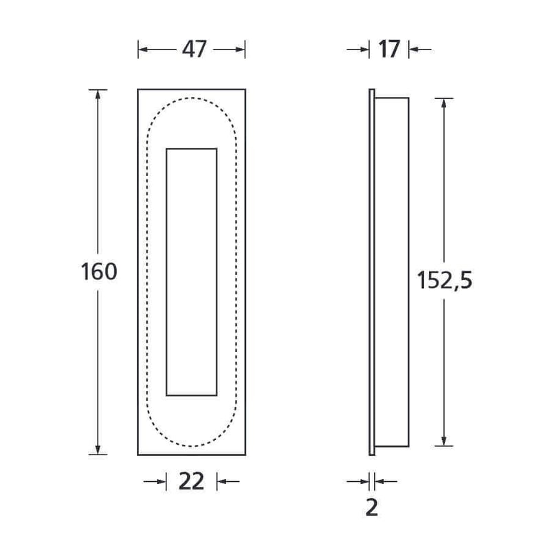Schiebetürmuschel eckig, offen, 47x160mm, Edelstahl matt - GÜRTLER.shop
