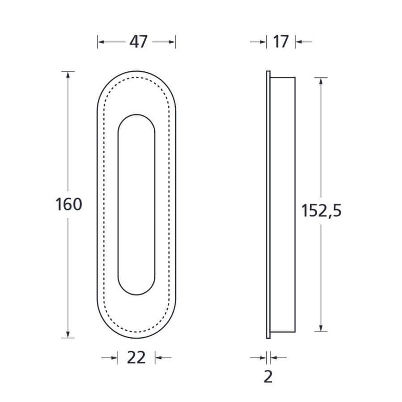 Schiebetürmuschel oval, offen, 47x160mm, Edelstahl matt - GÜRTLER.shop